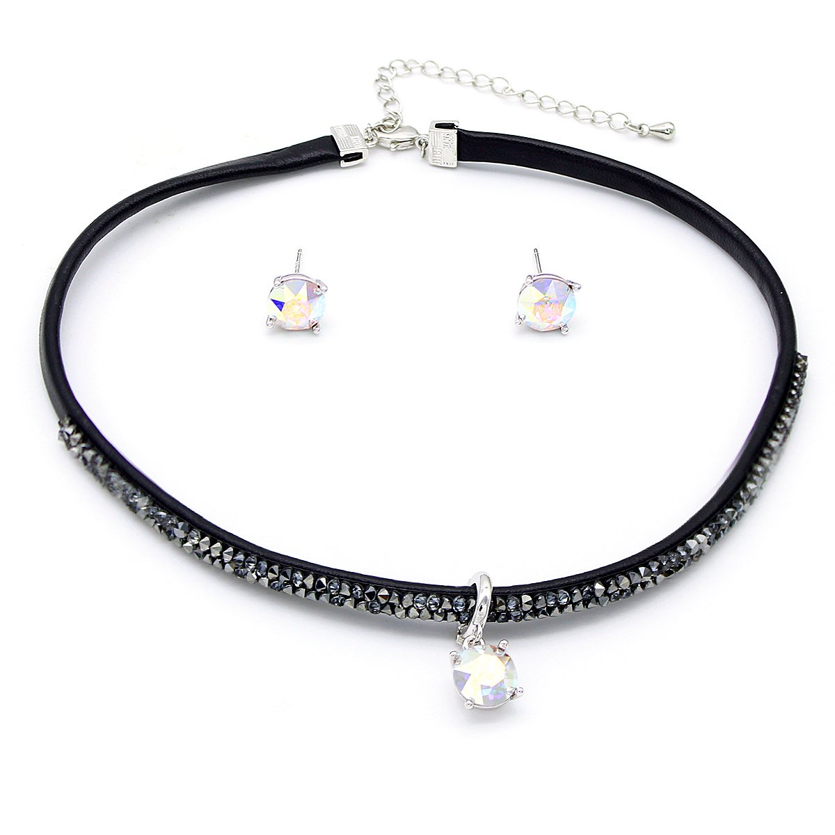 A100015A-001.226.A Wholesale black choker jewelry set with square Swarovski Elements crystal pendant and matching earrings – 18K plated punk fashion jewelry from JuneJewelry.com.