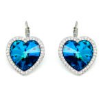 Wholesale Heart Crystal Earrings with blue heart crystal and pave halo on 18K gold plated brass from JuneJewelry.com – elegant drop earrings for bulk orders.