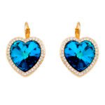 Wholesale Heart Crystal Earrings with blue heart crystal and pave halo on 18K gold plated brass from JuneJewelry.com – elegant drop earrings for bulk orders.