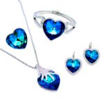Wholesale Blue Teardrop Swarovski Element Jewelry Set, including pendant necklace and matching earrings, with gold plating.