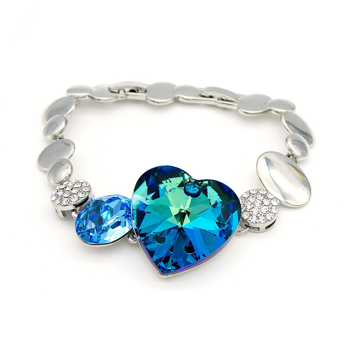 A500008H-001.298.A Wholesale Blue Double Heart Swarovski Element Bracelet with oval links, available in polished gold finish. Luxury fashion jewelry bulk supply.