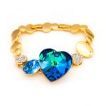 Wholesale Blue Double Heart Swarovski Element Bracelet with oval links, available in polished gold finish. Luxury fashion jewelry bulk supply.