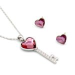 Wholesale key pendant jewelry set with fuchsia heart Swarovski Elements crystal and matching stud earrings – 18K white gold plated fashion jewelry from JuneJewelry.com.