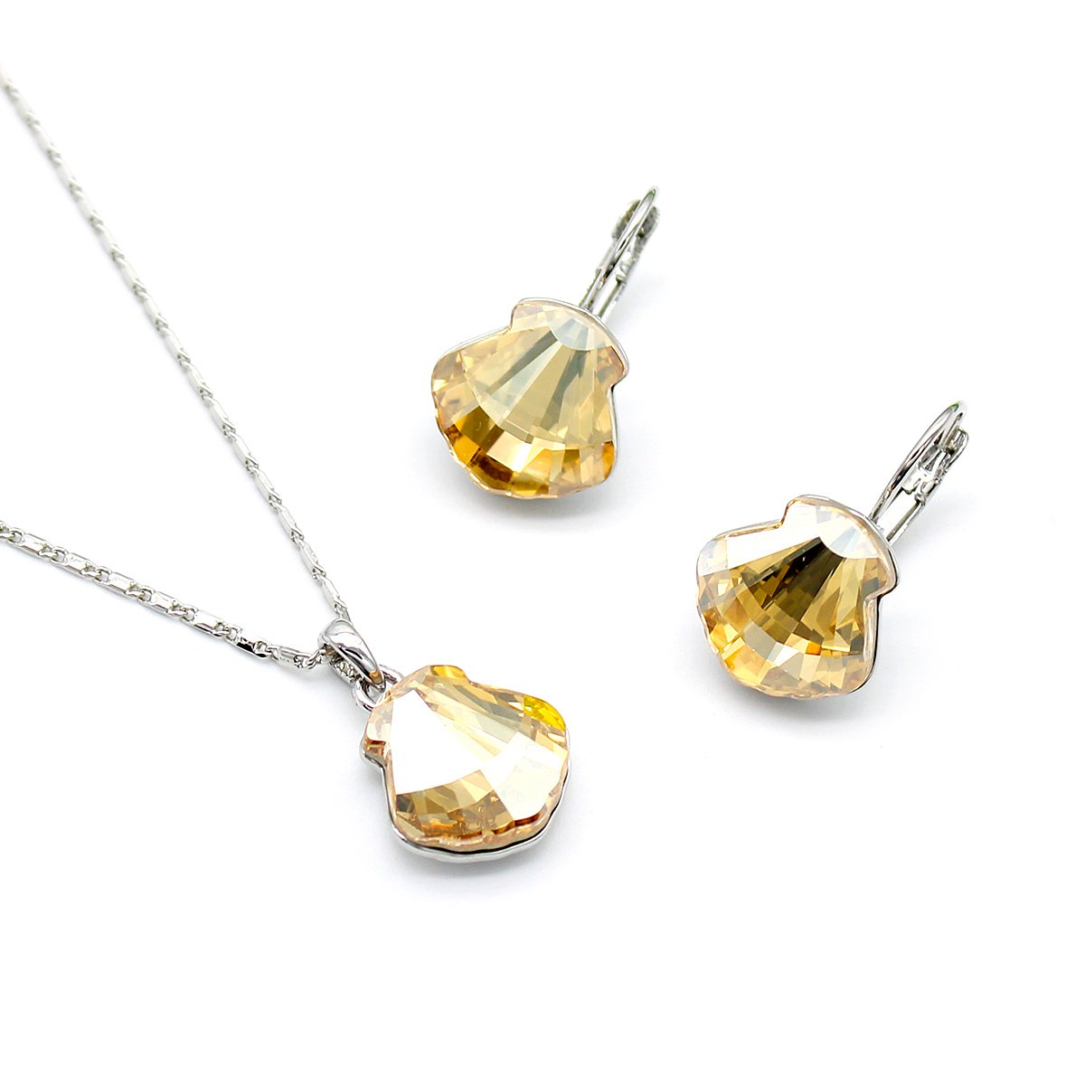 A500309A-001.136.A Wholesale shell cut crystal jewelry set with unique champagne Swarovski element pendant and matching drop earrings on 18K white gold plated brass from JuneJewelry.com.