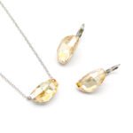 Wholesale modern drop crystal jewelry set in multi-colors (Blue, Pink, Amber, Yellow) and 18K Gold/White Gold plated brass from JuneJewelry.com.