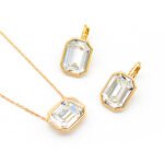 Wholesale bezel set emerald cut crystal jewelry set in Blue and Clear Swarovski elements with 18K Gold and White Gold plated brass from JuneJewelry.com.