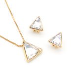 Wholesale triangle crystal jewelry set in multiple colors (Blue, Clear, Black/Grey, Purple/Pink) and 18K Gold/White Gold plated brass from JuneJewelry.com.