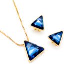 Wholesale triangle crystal jewelry set in multiple colors (Blue, Clear, Black/Grey, Purple/Pink) and 18K Gold/White Gold plated brass from JuneJewelry.com.
