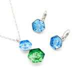 Wholesale hexagon crystal jewelry set with double-stacked blue and colored Swarovski element pendant and matching earrings on 18K white gold plated brass from JuneJewelry.com.
