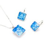 Wholesale flower square crystal jewelry set with unique internal rose design in Blue and Pink Swarovski elements on 18K white gold plated brass from JuneJewelry.com.