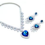 2-Piece Swarovski Element Jewelry Set with V-collar necklace and matching heart dangle earrings featuring multiple cascading teardrop crystals in blue.