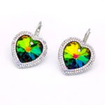 Swarovski Element pave heart stud earrings, close-up view showing the small crystals set along the heart outline.