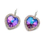Swarovski Element pave heart stud earrings, close-up view showing the small crystals set along the heart outline.
