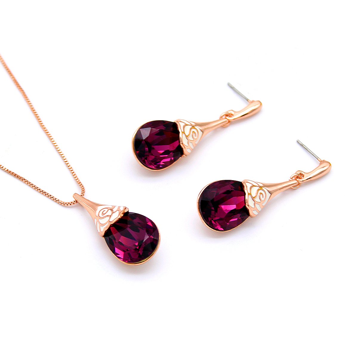 K300586A-001.108.A Wholesale purple crystal jewelry set in rose gold plating with teardrop purple faceted crystal pendant and white enameled wing stud earrings from JuneJewelry.com – unique and high-quality.