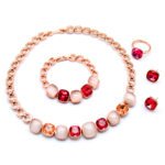 Wholesale Multi-Color Crystal Set – rose gold plated chain necklace, bracelet, ring, and earrings with pink and opal cushion cut crystals – high quality, factory price, free shipping, unique design.