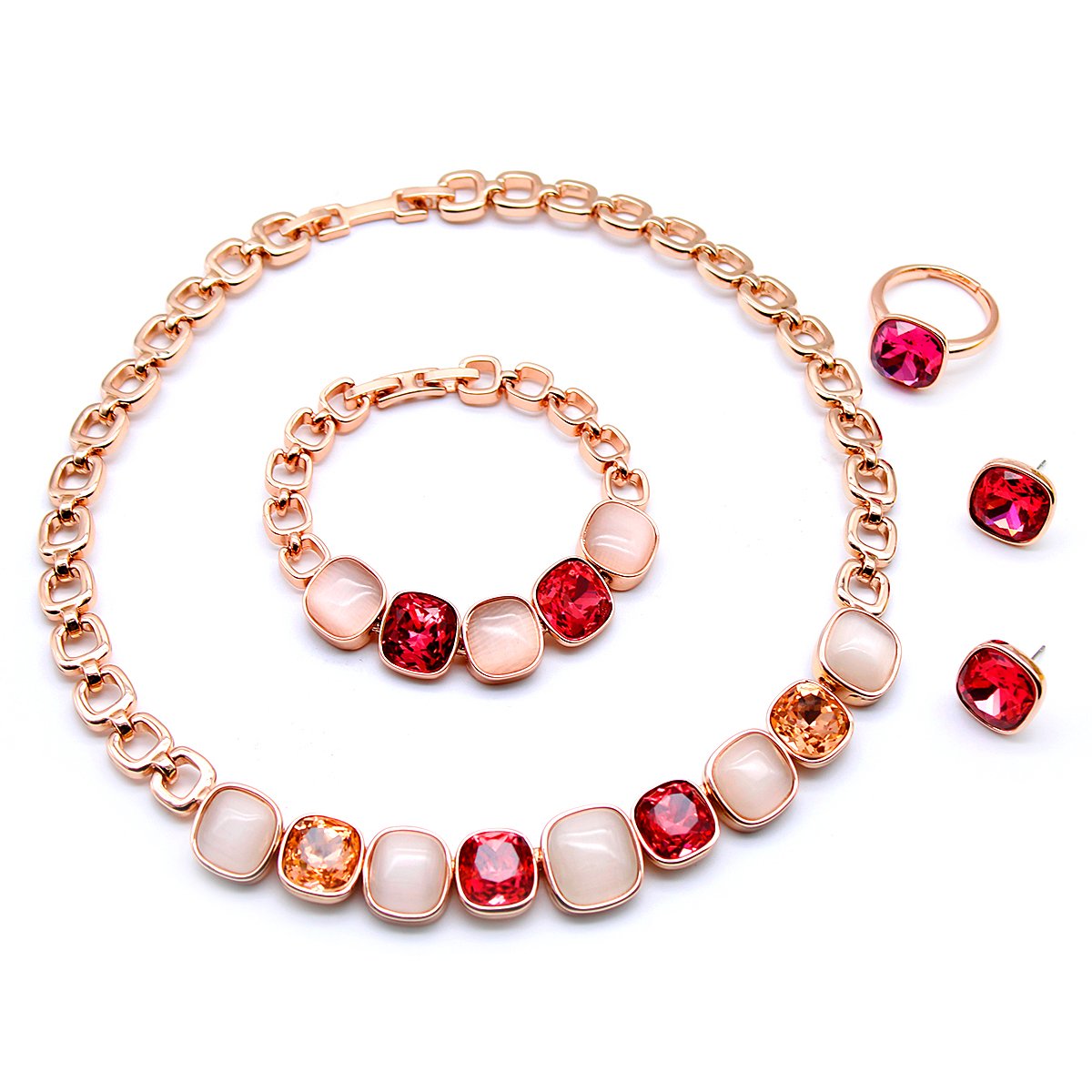 K300767A-001.350.A Wholesale Multi-Color Crystal Set – rose gold plated chain necklace, bracelet, ring, and earrings with pink and opal cushion cut crystals – high quality, factory price, free shipping, unique design.