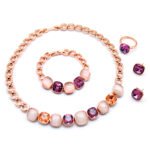 Wholesale Multi-Color Crystal Set – rose gold plated chain necklace, bracelet, ring, and earrings with pink and opal cushion cut crystals – high quality, factory price, free shipping, unique design.