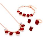 Wholesale Amber Crystal Jewelry Set – rose gold plated necklace, bracelet, ring, and earrings with oval and cushion cut amber and clear crystals – high quality, unique design, factory price, free shipping.