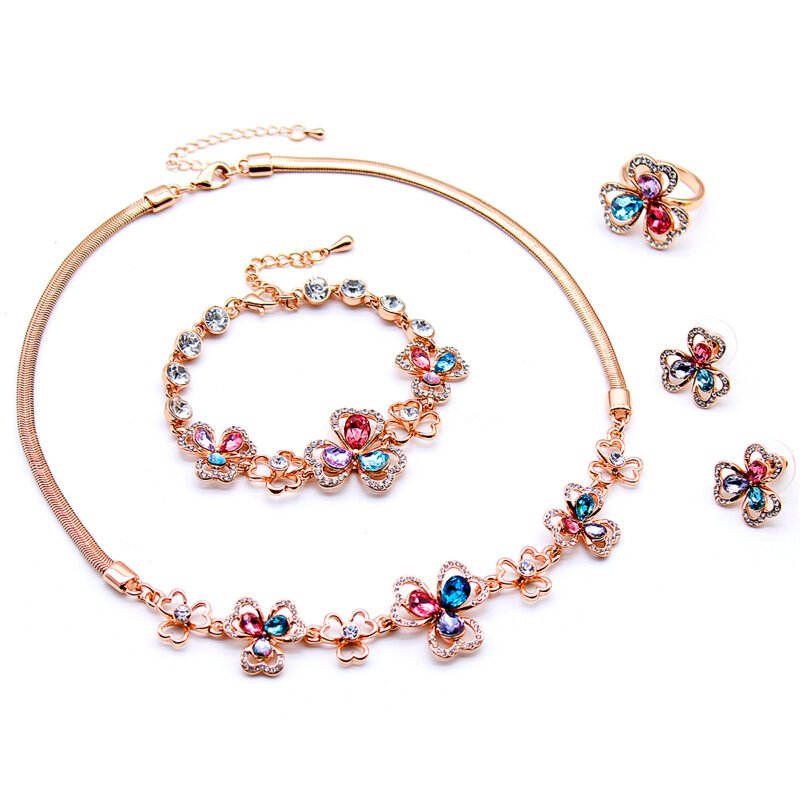 Wholesale Crystal Butterfly Jewelry Set with rose gold plating and multi-color crystals – necklace, bracelet, ring, and earrings from JuneJewelry.com factory price.