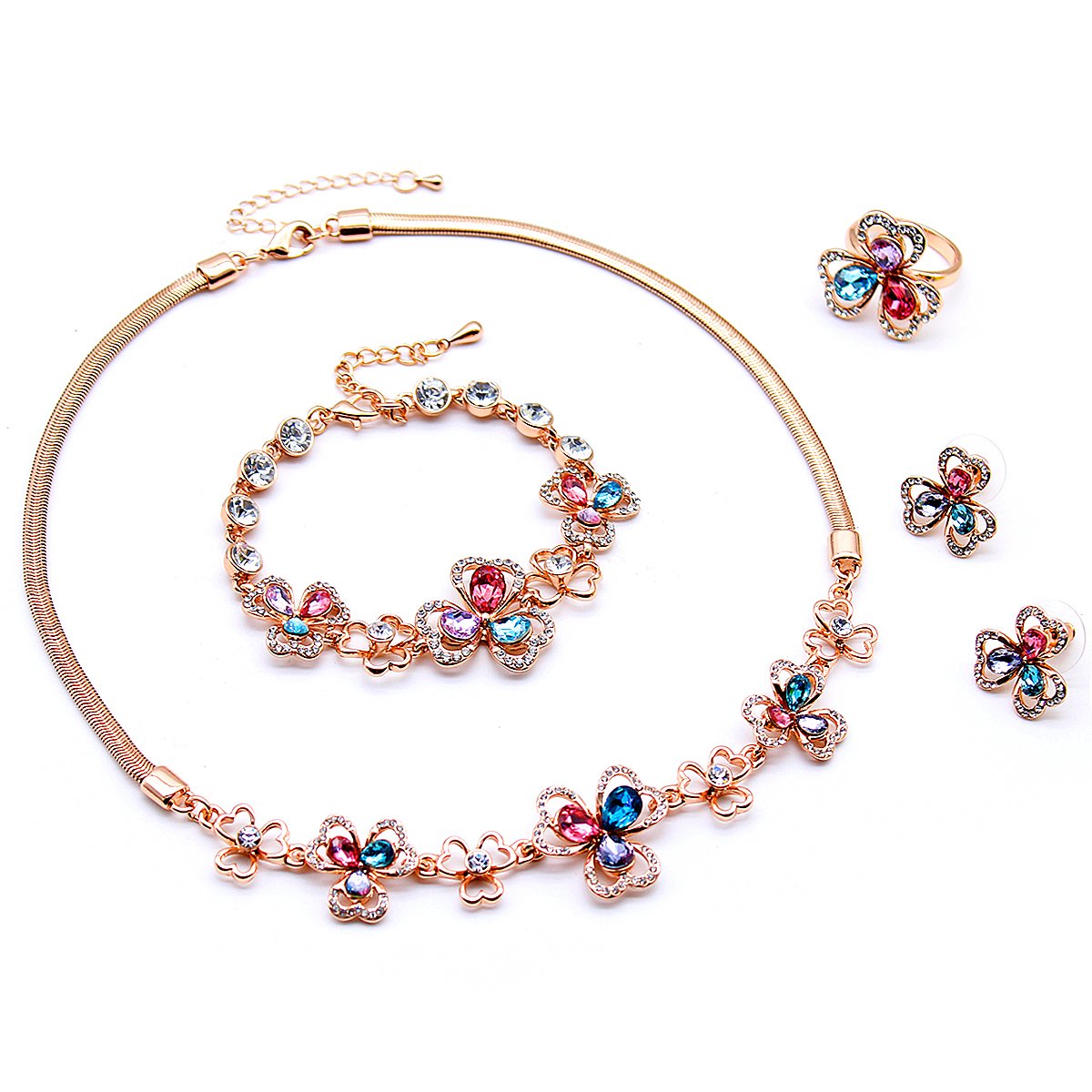 K300834A-001.350.A Wholesale Crystal Butterfly Jewelry Set with rose gold plating and multi-color crystals – necklace, bracelet, ring, and earrings from JuneJewelry.com factory price.