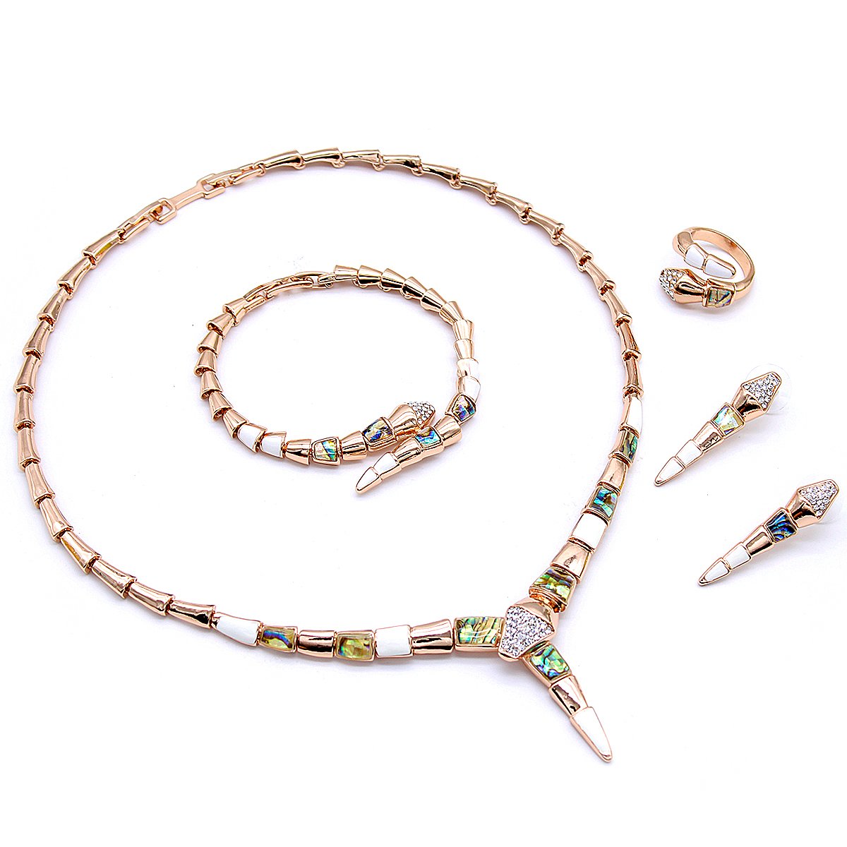 K300835A-001.396.A Wholesale shell snake jewelry set in rose gold plating with abalone shell and oil drip enamel—unique fashion jewelry for bulk orders from JuneJewelry.com.