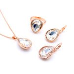 Wholesale Rose Gold Crystal Jewelry Set – teardrop crystal necklace, ring, and earrings in real gold plated brass from JuneJewelry.com – cheap factory price, high quality, unique design, free shipping.