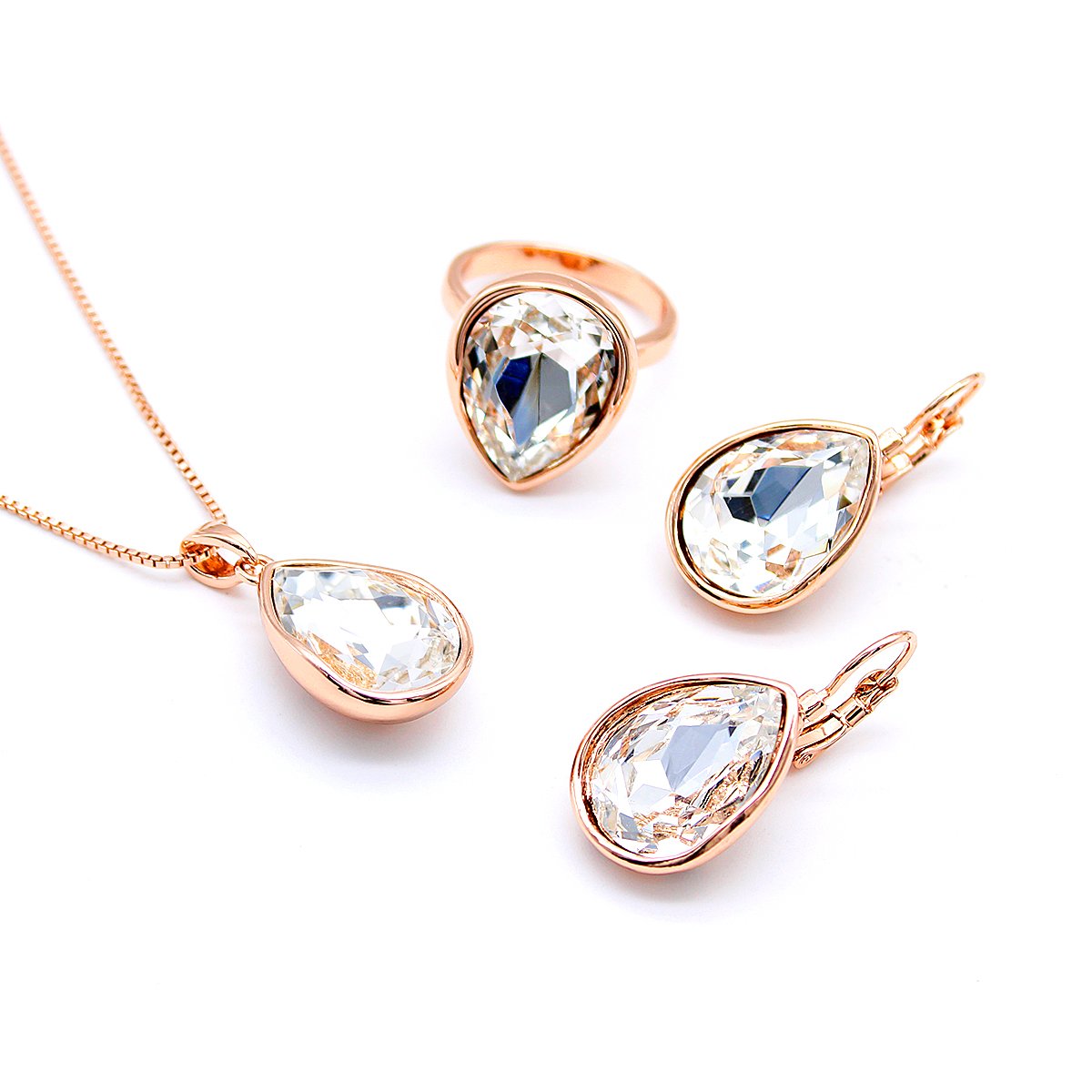 K300889A-002.150.A Wholesale Rose Gold Crystal Jewelry Set – teardrop crystal necklace, ring, and earrings in real gold plated brass from JuneJewelry.com – cheap factory price, high quality, unique design, free shipping.