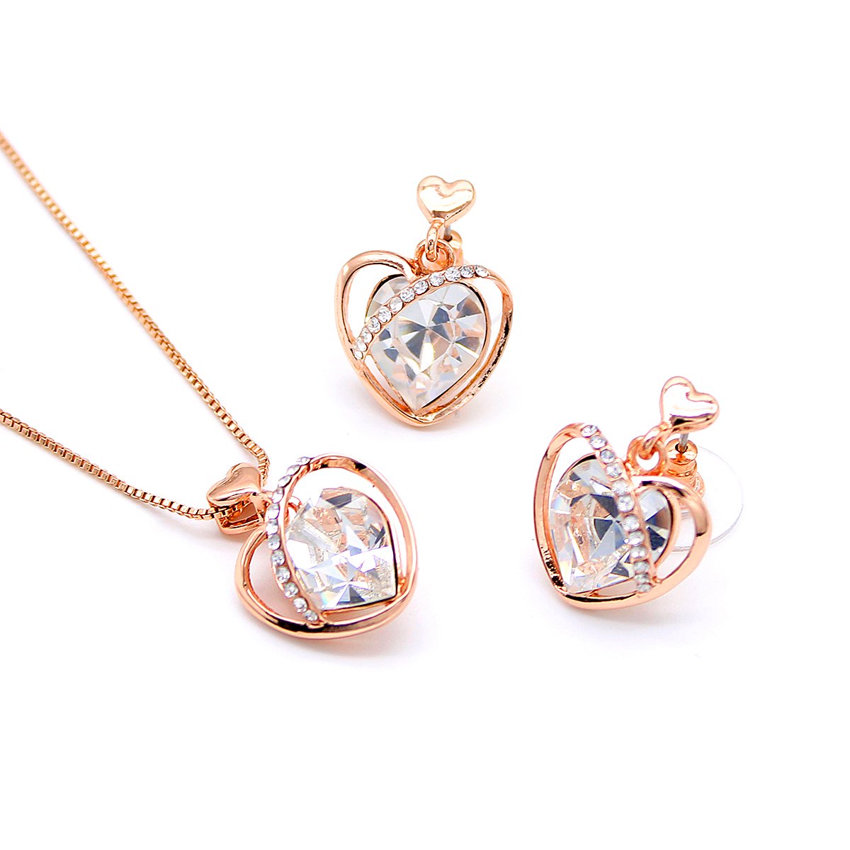K300899A-001.96.A Wholesale heart crystal jewelry set in rose gold plating with a faceted clear crystal heart pendant and matching stud earrings accented with pave stones from JuneJewelry.com – unique and high-quality.