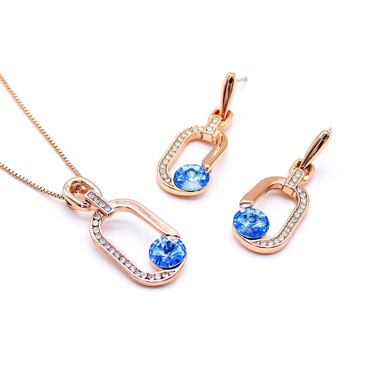 K300910A-001.96.A Wholesale blue crystal link jewelry set in rose gold plating with a round blue crystal pendant and matching pave-accented link earrings from JuneJewelry.com – unique and high-quality.