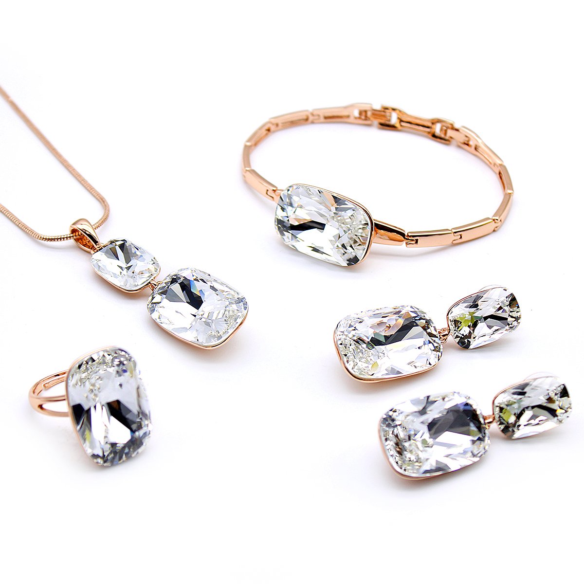 K300963A-001.360.A Wholesale Clear Crystal Jewelry Set – rose gold plated necklace, bracelet, ring, and drop earrings with large, cushion-cut clear crystals – high quality, original design, factory price, free shipping.