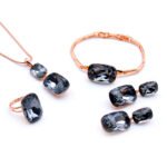 Wholesale Clear Crystal Jewelry Set – rose gold plated necklace, bracelet, ring, and drop earrings with large, cushion-cut clear crystals – high quality, original design, factory price, free shipping.