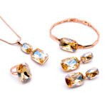 Wholesale Clear Crystal Jewelry Set – rose gold plated necklace, bracelet, ring, and drop earrings with large, cushion-cut clear crystals – high quality, original design, factory price, free shipping.
