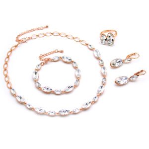 Wholesale Marquise Crystal Jewelry Set with rose gold plating, clear marquise crystals – necklace, bracelet, earrings, and ring from JuneJewelry.com factory price.