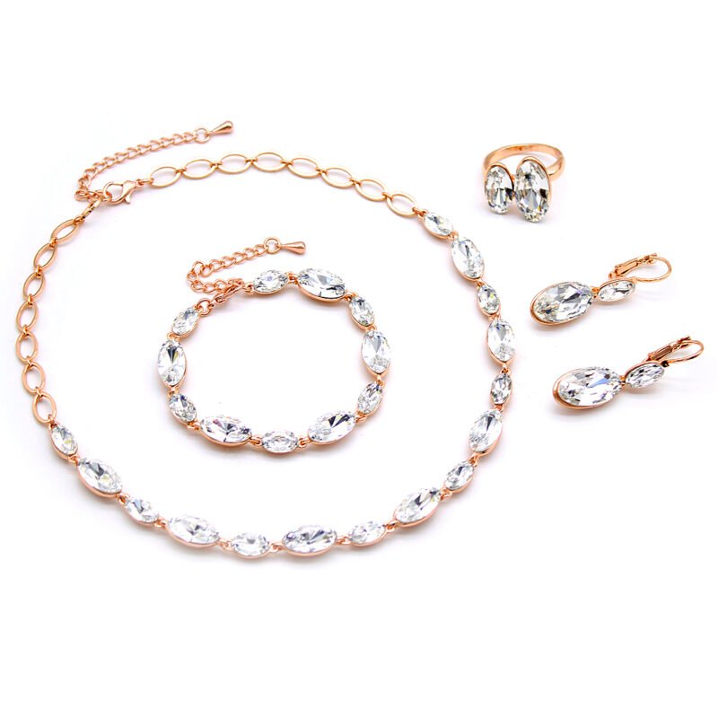 Wholesale Marquise Crystal Jewelry Set with rose gold plating, clear marquise crystals – necklace, bracelet, earrings, and ring from JuneJewelry.com factory price.