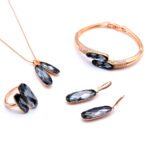Wholesale Double Drop Crystal Jewelry Set with rose gold plating and deep gray crystals – necklace, bangle, earrings, and ring from JuneJewelry.com factory price.