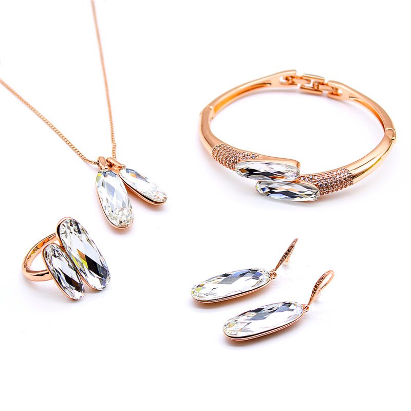 Wholesale Double Drop Crystal Jewelry Set with rose gold plating and deep gray crystals – necklace, bangle, earrings, and ring from JuneJewelry.com factory price.