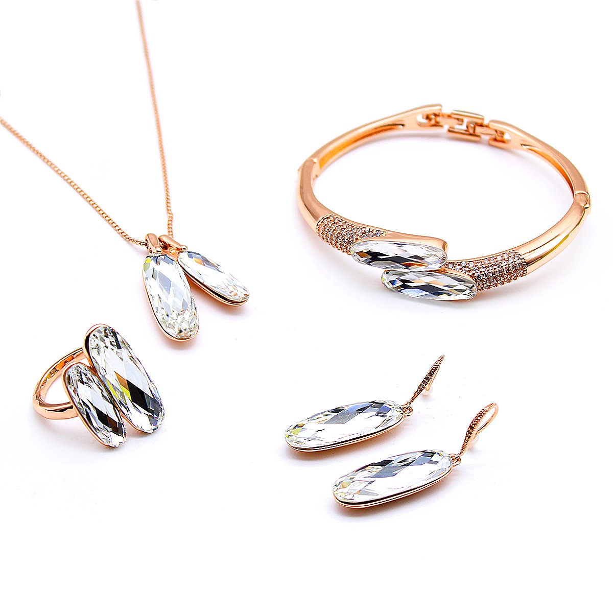 K300968A-002.320.A Wholesale Double Drop Crystal Jewelry Set with rose gold plating and deep gray crystals – necklace, bangle, earrings, and ring from JuneJewelry.com factory price.