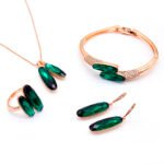 Wholesale Double Drop Crystal Jewelry Set with rose gold plating and deep gray crystals – necklace, bangle, earrings, and ring from JuneJewelry.com factory price.