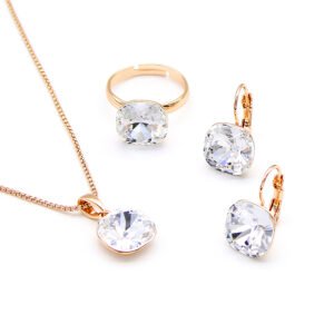 Wholesale Crystal Square Set in rose gold plating with a large faceted purple crystal pendant, drop earrings, and adjustable ring from JuneJewelry.com – unique and high-quality.