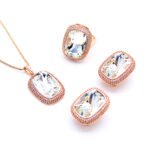 Wholesale crystal pave jewelry set in rose gold plating with a large rectangular smoky grey crystal ring, pendant, and matching stud earrings from JuneJewelry.com – unique and high-quality.