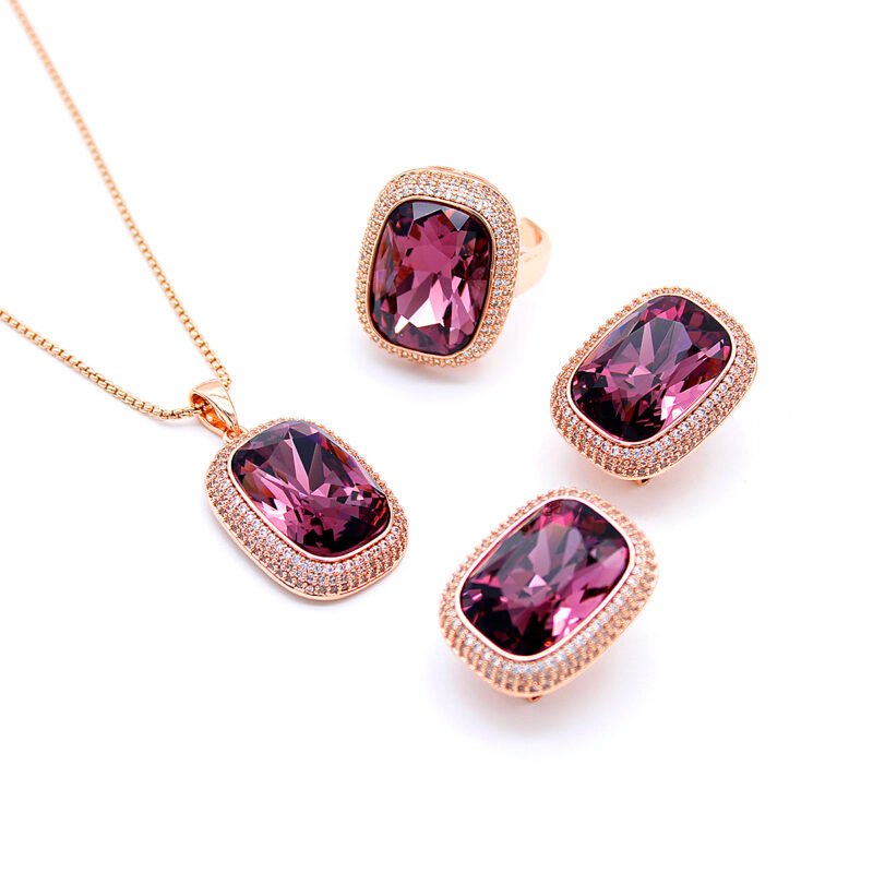 Wholesale crystal pave jewelry set in rose gold plating with a large rectangular smoky grey crystal ring, pendant, and matching stud earrings from JuneJewelry.com – unique and high-quality.