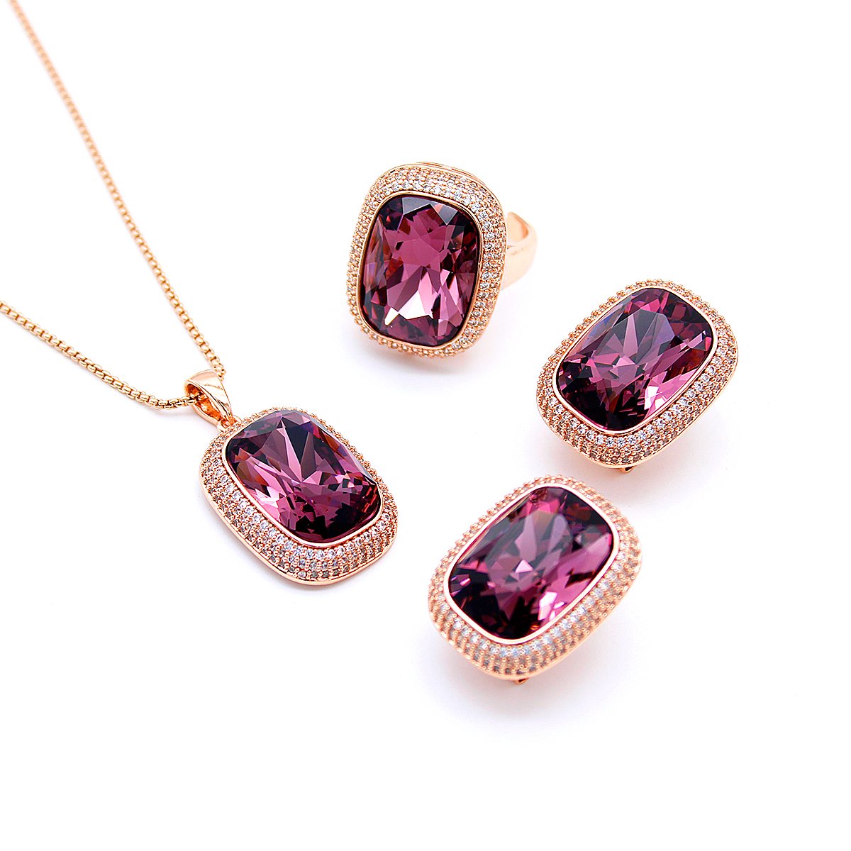 K301001A-008.226.A Wholesale crystal pave jewelry set in rose gold plating with a large rectangular smoky grey crystal ring, pendant, and matching stud earrings from JuneJewelry.com – unique and high-quality.