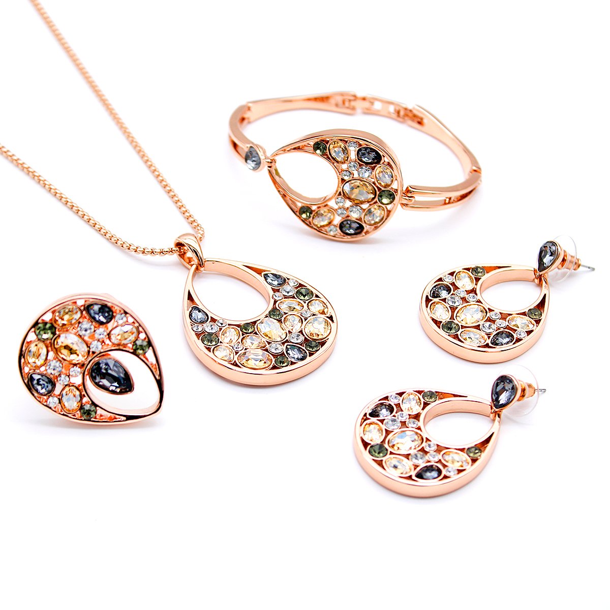 K301009A-001.340.A Wholesale Teardrop Crystal Jewelry Set with rose gold plating and multi-color crystals – necklace, bracelet, ring, and earrings from JuneJewelry.com factory price.