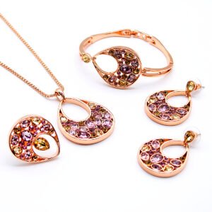Wholesale Teardrop Crystal Jewelry Set with rose gold plating and multi-color crystals – necklace, bracelet, ring, and earrings from JuneJewelry.com factory price.