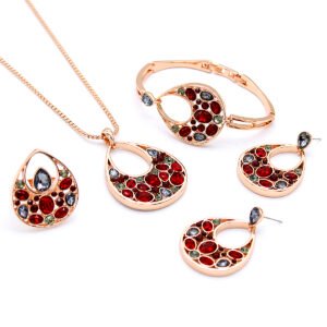 Wholesale Teardrop Crystal Jewelry Set with rose gold plating and multi-color crystals – necklace, bracelet, ring, and earrings from JuneJewelry.com factory price.