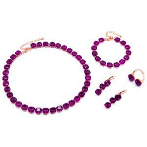 Wholesale Champagne Crystal Set – rose gold plated tennis necklace, bracelet, ring, and drop earrings with round champagne crystal stones – high quality, unique design, factory price, free shipping.