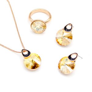 Wholesale crystal round jewelry set in rose gold plating with a large faceted white crystal ring, pendant, and drop earrings with black enamel detail from JuneJewelry.com – unique and high-quality.