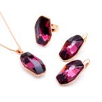 Wholesale Amethyst Crystal Rose Gold Set – geometric purple crystal necklace, earrings, and ring in real rose gold plated brass – high quality, unique design, factory price, free shipping.