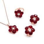 Wholesale crystal flower jewelry set in rose gold plating with a floral ring, pendant, and stud earrings featuring five champagne crystals and a clear center stone from JuneJewelry.com – unique and high-quality.