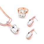 Wholesale clear crystal rectangular jewelry set in rose gold plating with a large faceted white crystal ring, pendant, and matching drop earrings from JuneJewelry.com – unique and high-quality.